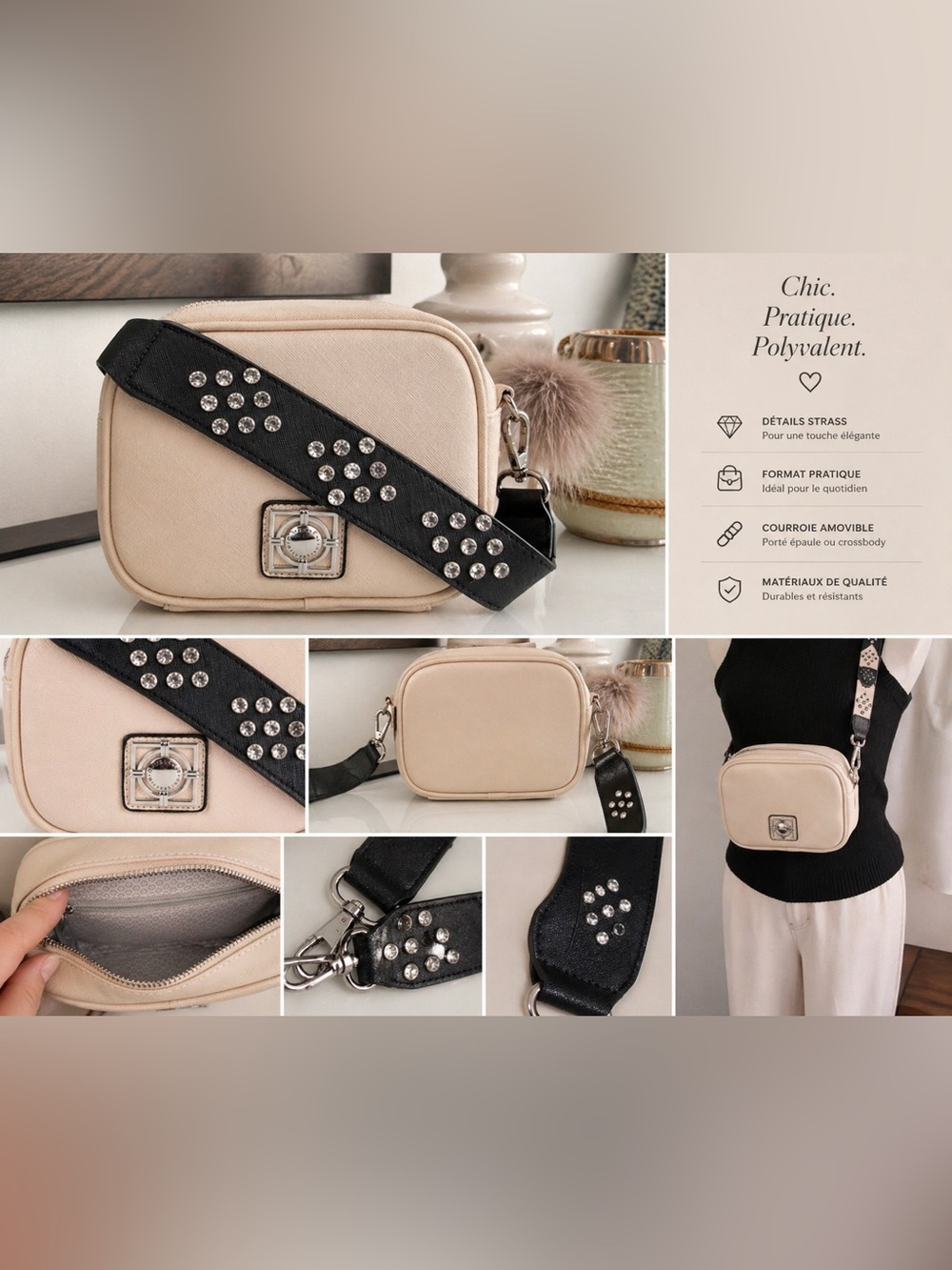 Catherine Malandrino Pink and Black Crossbody Bag with Studded Strap